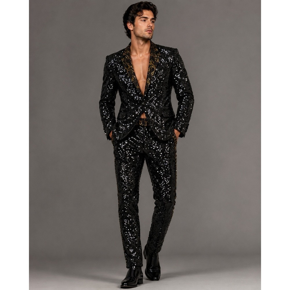 ASOS Mens Black Sequin Suit Set Gold Baroque Lapel Blazer Trousers 38R 10626